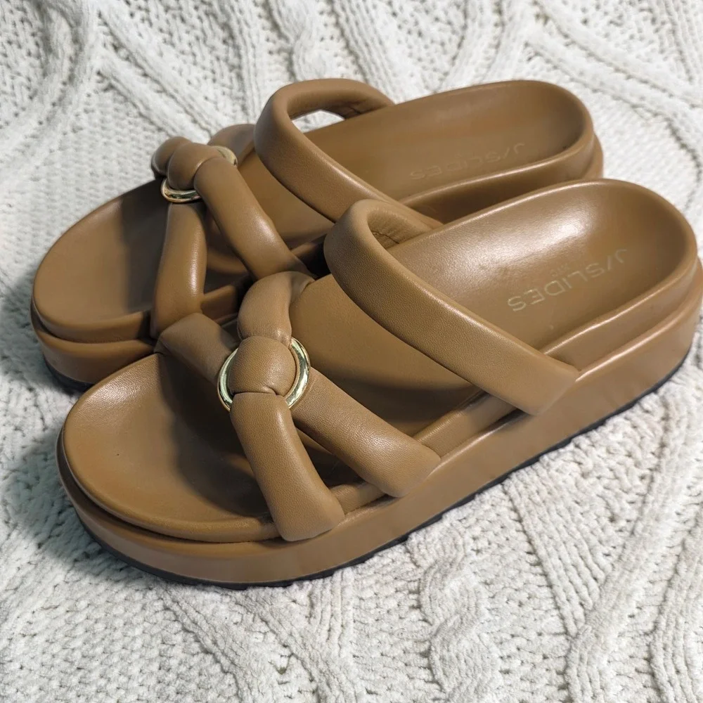 J/Slides Platform Slide Sandals Tan Padded Leather Gold Accent Women 8 Excellent